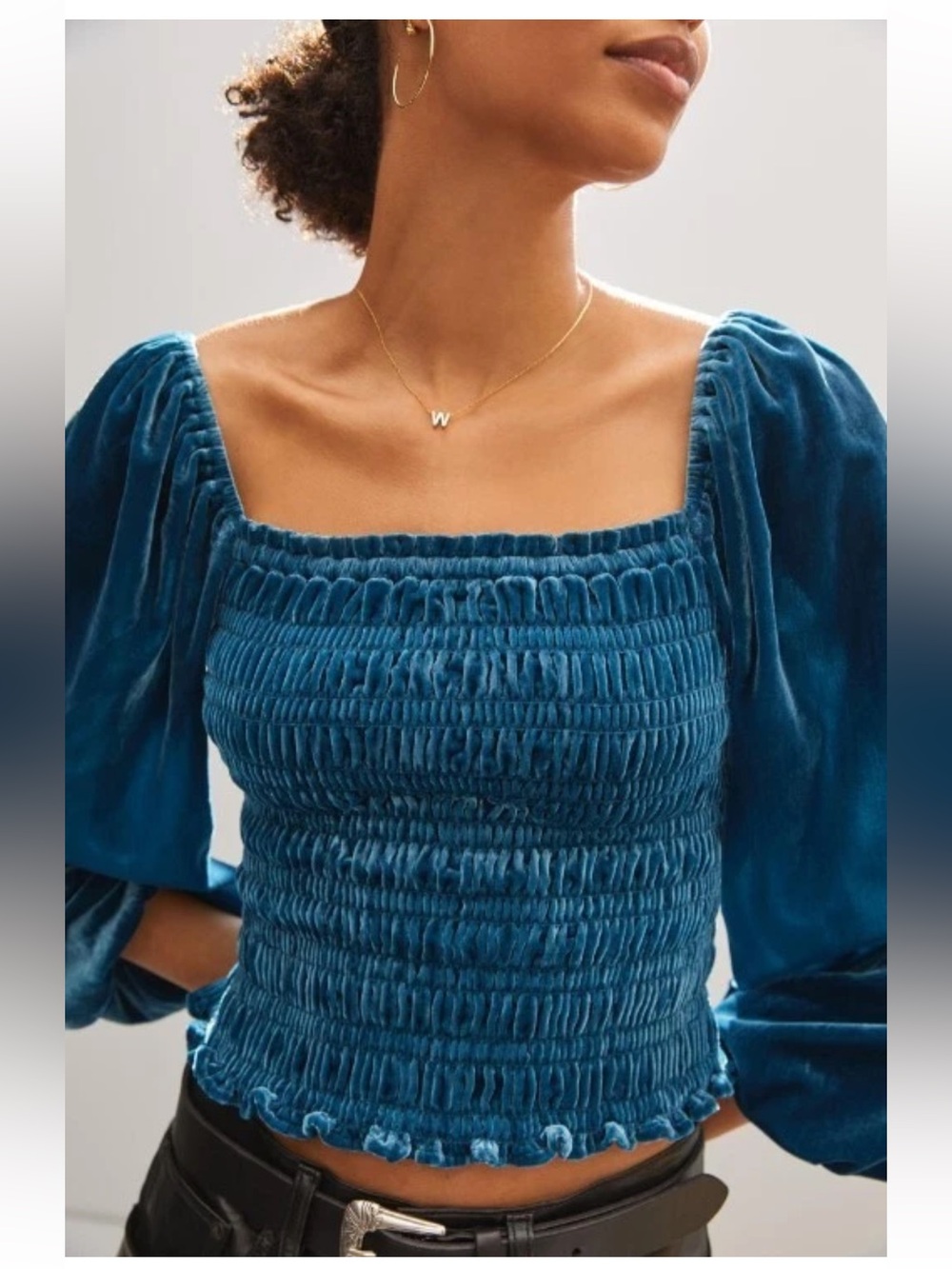 Anthropologie Teal Velvet Smocked Square-Neck Crop Top XL - Picture 2 of 6